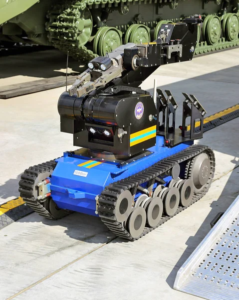 MOSCOW - AUGUST 23: Remote-controlled, heavy-duty robot  designed to provide enhanced bomb disposal capabilities to explosive ordnance disposal teams at the exhibition site of the International Military-Technical Forum \