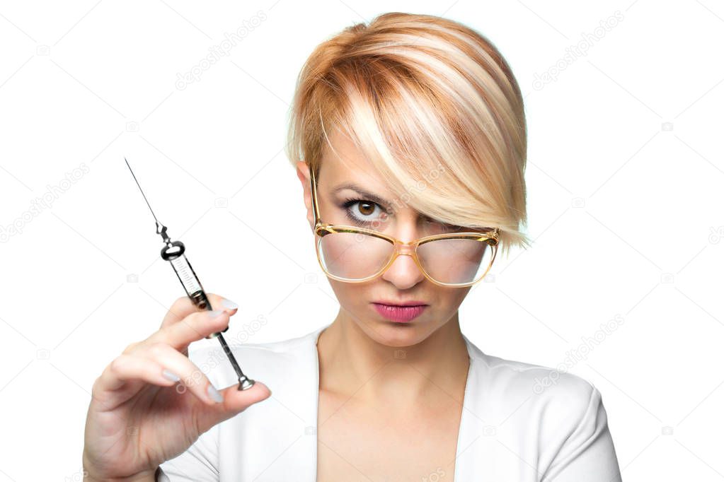 blond nurse with a syringe