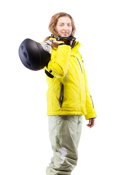 Female skier with helmet in yellow jacket — Stock Photo, Image