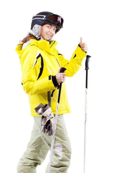 Kadın kayakçı başparmak telafi — Stok fotoğraf