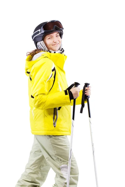 Sarı ceketli kadın kayakçı — Stok fotoğraf