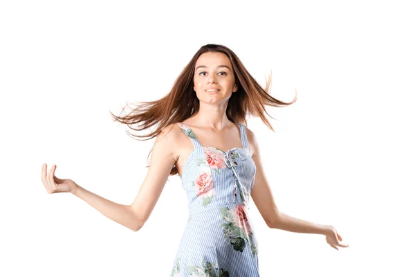 Beautiful brunette girl with windy hair — Stock Photo, Image