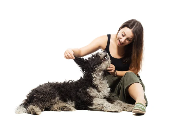 Ragazza e sreet cane isolato su bianco — Foto Stock