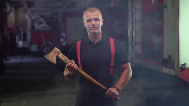 Firefighter Portrait Wearing Shirt Trousers Holding Axe Smoke Fire Trucks — Stock Video