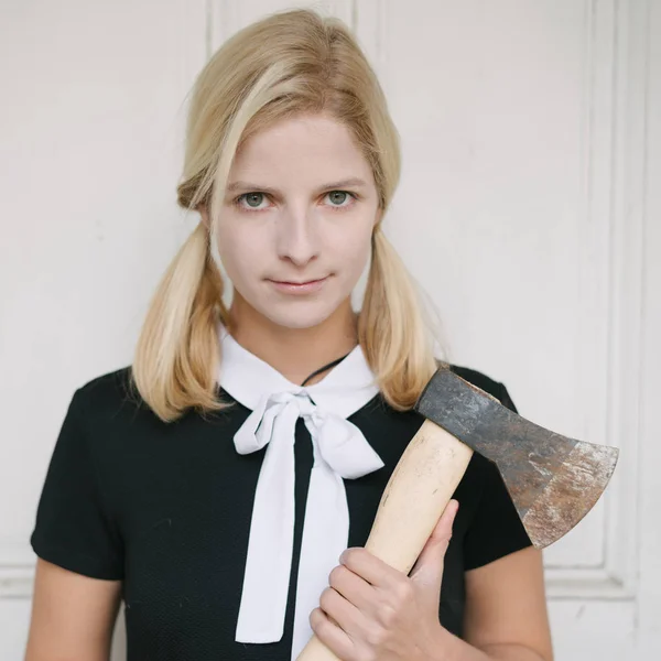 Creepy blond woman with axe — Stock Photo, Image