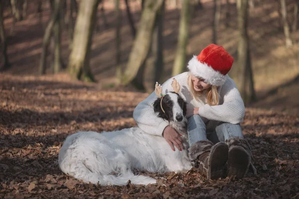 Молода жінка в капелюсі Санта з милою собакою — стокове фото