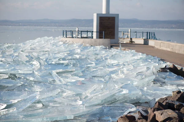 Texture of ice surface, cracked ice floating on blue water, seasonal winter landscape.Ice covered pier at Lake Balaton.