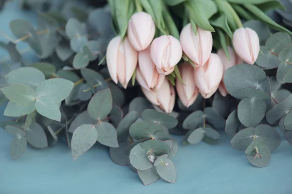 Fresh pink tulip flowers bouquet on eucalyptus leaves — Stock Photo, Image