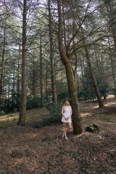 Junge modische Frau posiert im Wald — Stockfoto