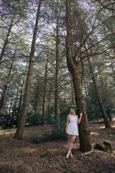 Junge modische Frau posiert im Wald — Stockfoto