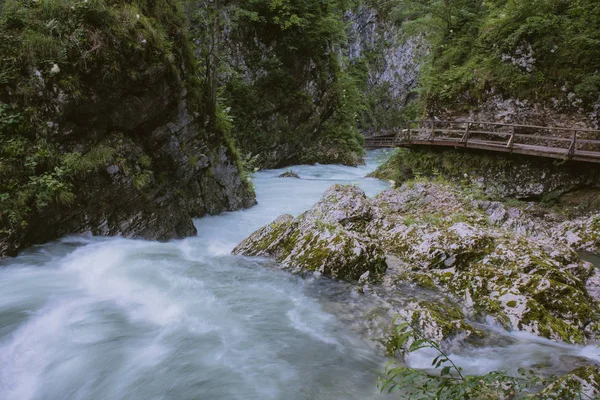 Słynny wąwóz Vintgar Kanion z drewnianymi boardwalk. Bled, Triglav, Słowenia, Europa — Zdjęcie stockowe