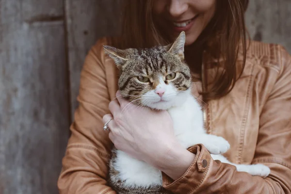 Katt liggande i kvinna händer — Stockfoto