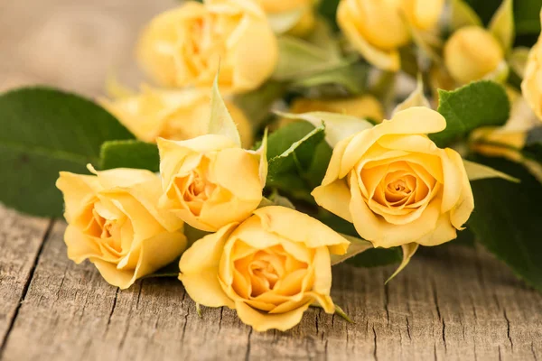 Жовті троянди на старовинному, сільському дерев'яному фоні — стокове фото