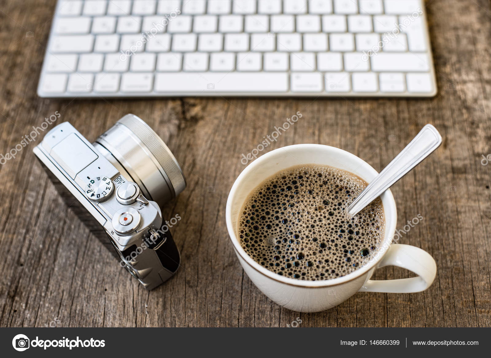 Office Table With Computer Keyboard Cup Of Coffee And Vintage