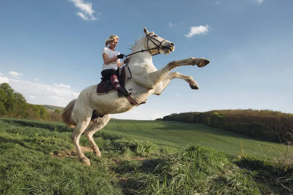 Young female rider, jumping with white horse — Stock Photo, Image