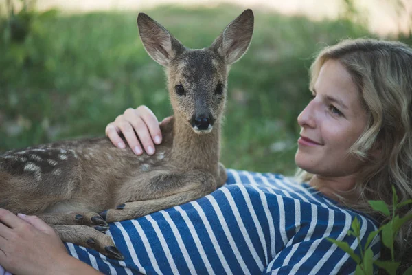 Ładna sarna leżącego na człowieka — Zdjęcie stockowe