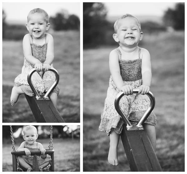 Happy little girl is swinging on see-saw outdoor. — Stock Photo, Image