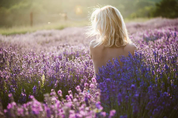 Wanita telanjang berpose di lapangan lavender saat matahari terbenam — Stok Foto