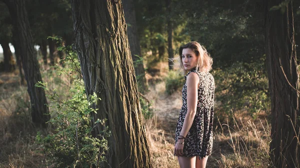 Kembali melihat wanita berambut pendek berdiri di hutan — Stok Foto