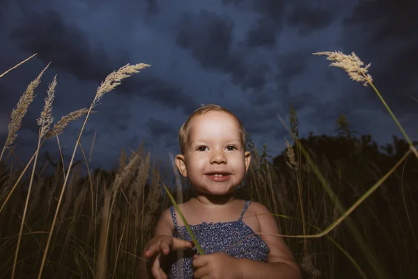 Roztomilá holčička hraje na schovávanou za soumraku — Stock fotografie
