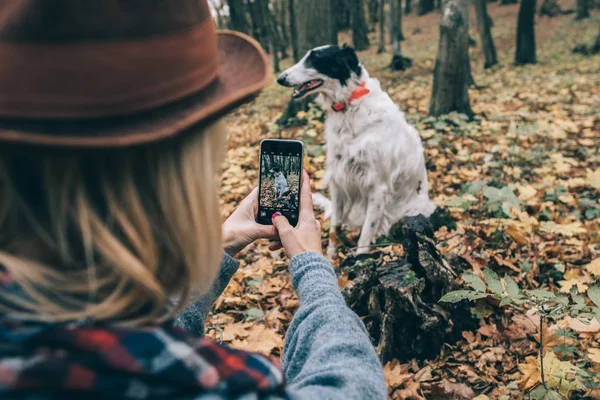 Woman taking picture of her dog outdoors — Stock Photo, Image