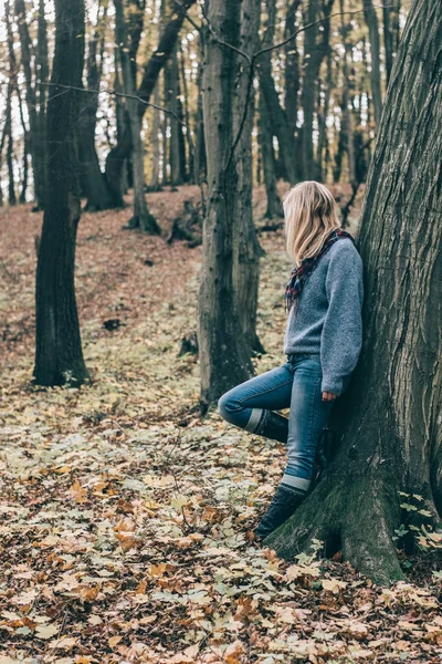 Νεαρή γυναίκα το περπάτημα σε όμορφο Φθινοπωρινό δάσος — Φωτογραφία Αρχείου