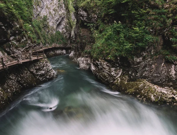 Ahşap yolu, Bled, Triglav, Slovenya, Avrupa ile ünlü Vintgar gorge Kanyon. — Stok fotoğraf