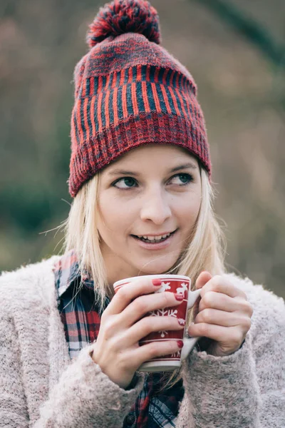 Woman Drinking Hot Drink Girl Red Nails Holding Hot Cup — Stock Photo, Image