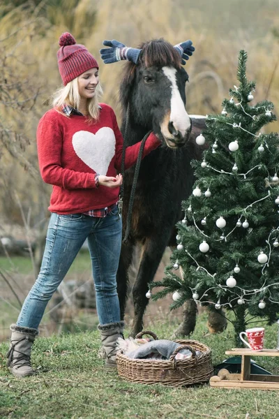 Szabadtéri Lovát Karácsonyi Hangulat Boldog Élvezni Karácsonyi Varázslat Kertben — Stock Fotó