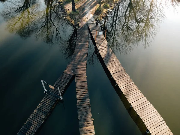 Деревянная Набережная Озере Выстрел Дрона — стоковое фото