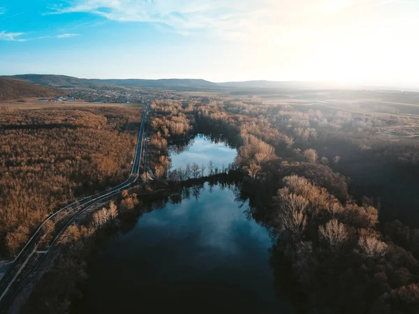 Východ Slunce Nad Jezerem Letecká Fotografie — Stock fotografie