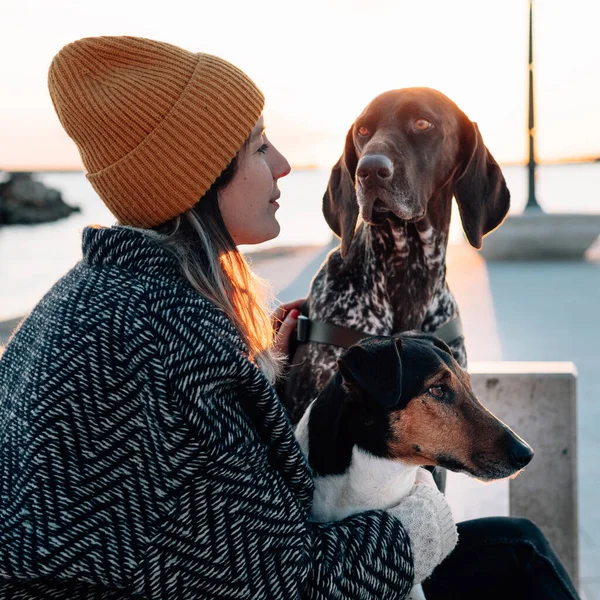 Frau Mit Ihren Hunden Bei Sonnenuntergang — Stockfoto