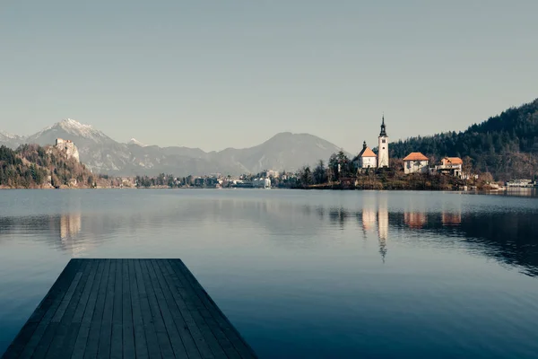 Wooden Pier Lake Bled Slovenia — Stock Photo, Image