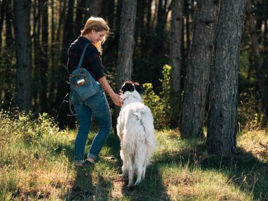 Ormanda köpeği olan güzel manzaralı bir kadın.
