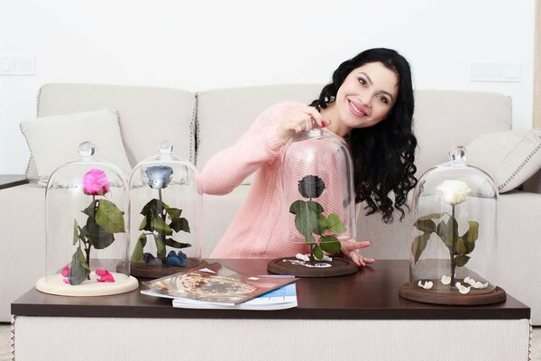 happy girl with rose, received as a gift