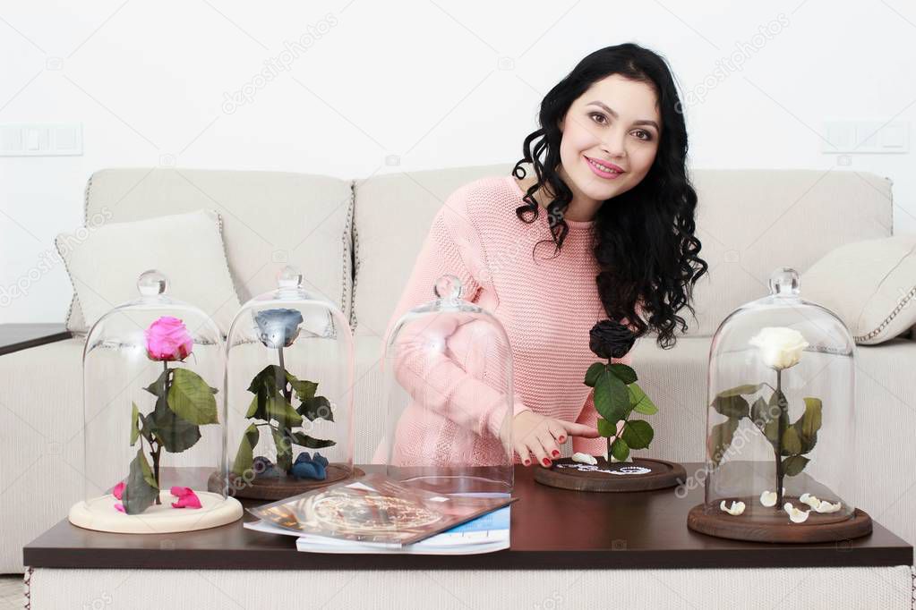 happy girl with rose, received as a gift