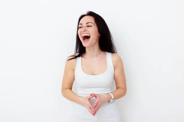 Donna felice che ride. Primo piano ritratto donna sorridente con sorriso perfetto e denti bianchi — Foto Stock