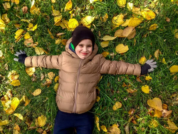 Niño alegre de 4 años acostado sobre hojas amarillas en otoño. vista superior —  Fotos de Stock