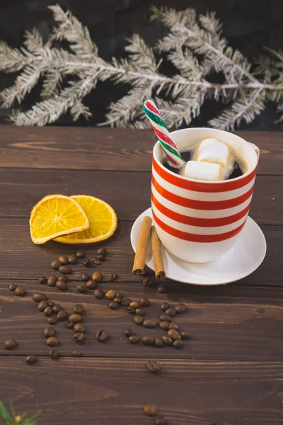 Tasse Kaffee und Tannenzweig — Stockfoto