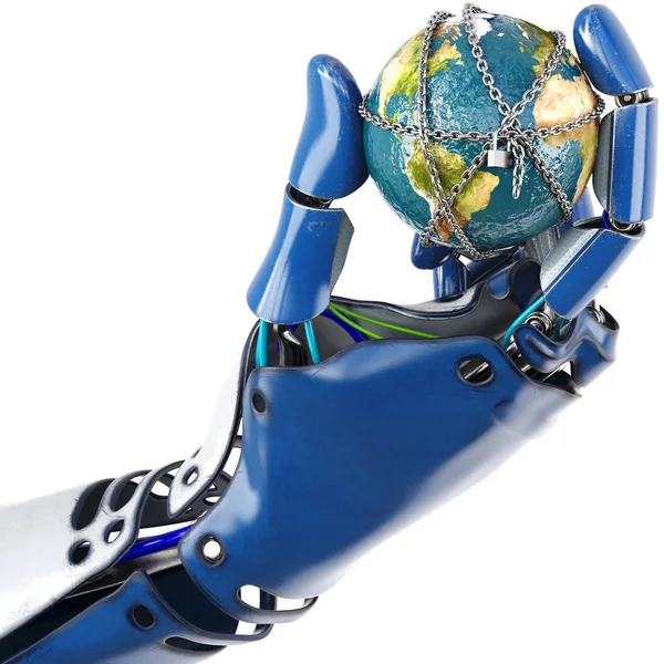 Ręka robot trzyma się ziemi w łańcuchach — Zdjęcie stockowe