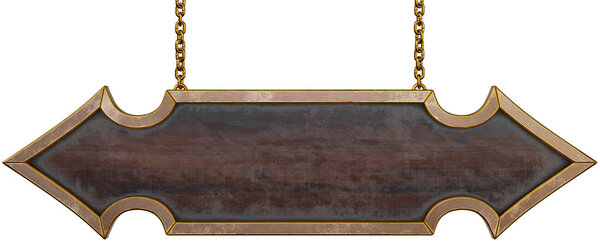 Wooden arrow sign hanging on chains