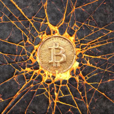 Bitcoin yanan bir volkanik kaya çökertildi. 3D çizim.