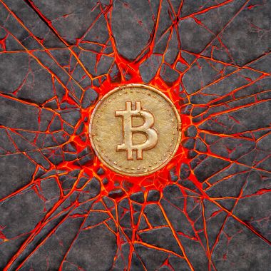 Bitcoin yanan bir volkanik kaya çökertildi. 3D çizim.