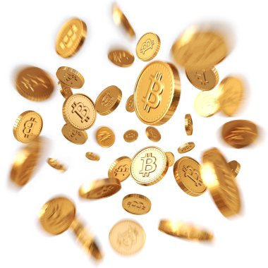 Altın Bitcoins patlama. Beyaz arka plan üzerinde izole. 3D render.