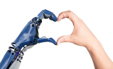Kalp şeklinde insan ve robot tarafından eller. Beyaz arka plan üzerinde izole. 3D çizim.