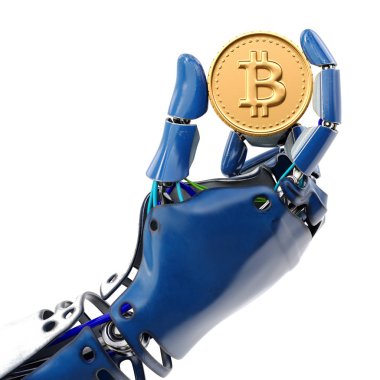 Altın Bitcoin beyaz arka plan üzerinde izole tutan robotun el. 3D render.