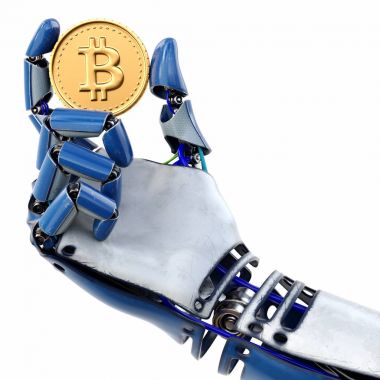 Altın Bitcoin beyaz arka plan üzerinde izole tutan robotun el. 3D render.