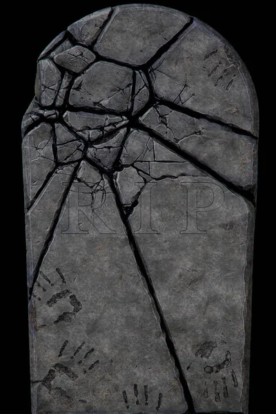 Alter Grabstein mit Rissen. Grab isoliert auf schwarzem Hintergrund. 3D-Darstellung. — Stockfoto