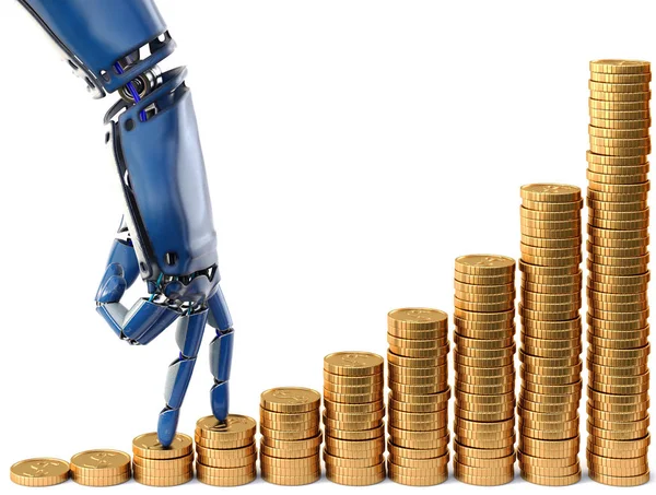 Robot fingrar gå på högar av mynt. Isolerade på vit bakgrund. 3D-rendering. — Stockfoto