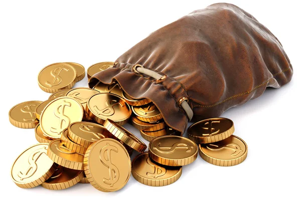 Gouden munten uit val van een lederen zak. Geïsoleerd op een witte achtergrond. 3D illustratie. — Stockfoto